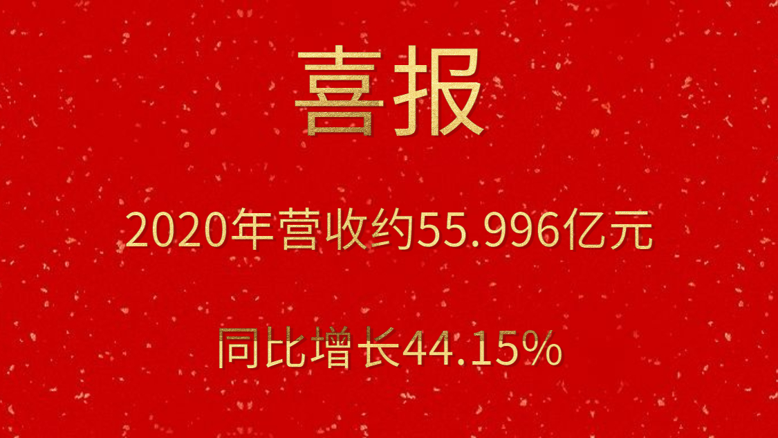 喜报！2020年营收约55.996亿元，，，，，，同比增添44.15%